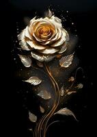 AI Generative rose with gold leaves and silver petals photo