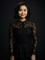 Smiling young woman of Asian descent dressed in elegant dress AI Generative photo