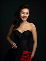 Smiling young woman of Asian descent dressed in elegant dress AI Generative photo