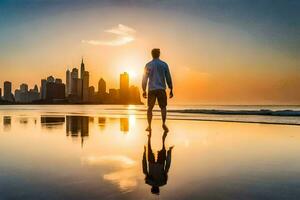 a man standing on the beach at sunset with the city skyline in the background. AI-Generated photo