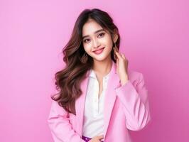 sonriente joven mujer de asiático descendencia vestido en elegante vestir ai generativo foto