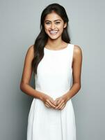 Smiling young woman of Asian descent dressed in elegant dress AI Generative photo