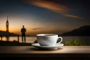 a cup of coffee on a table in front of a beautiful sunset. AI-Generated photo