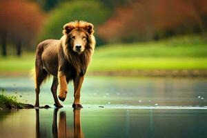 a lion is walking across a lake. AI-Generated photo