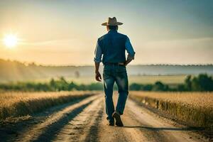 un hombre en un vaquero sombrero caminando abajo un suciedad la carretera. generado por ai foto