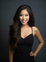 Smiling young woman of Asian descent dressed in elegant dress AI Generative photo