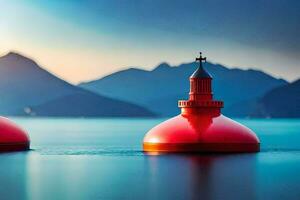 two red lighthouses sit on the water in front of mountains. AI-Generated photo