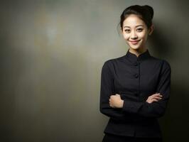 Smiling young woman of Asian descent dressed in elegant dress AI Generative photo