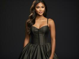 Smiling young woman of Asian descent dressed in elegant dress AI Generative photo