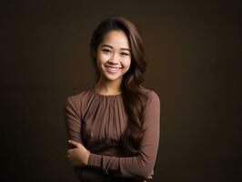 Smiling young woman of Asian descent dressed in elegant dress AI Generative photo