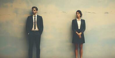 two business couple standing together standing in front of background photo