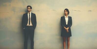 two business couple standing together standing in front of background photo