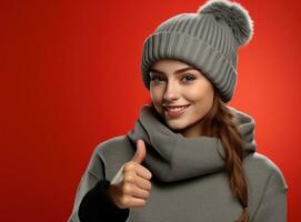 cute young lady and thumb up pointing on red background photo