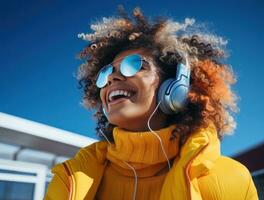 a young lady posing with headphones in blue background photo