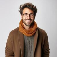 A Positive Young Man with a Beard, Wearing a Casual Sweater and Glasses photo