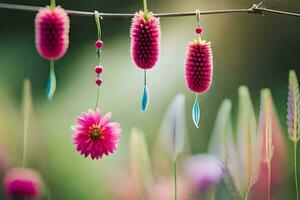 pink flowers hanging from a wire with grass and flowers. AI-Generated photo