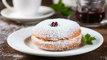 Sufganiyot with powdered sugar on white plate photo