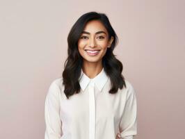 Smiling young woman of Asian descent dressed in elegant dress AI Generative photo