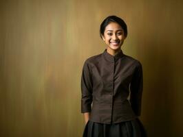 Smiling young woman of Asian descent dressed in elegant dress AI Generative photo