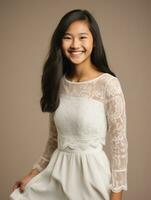 Smiling young woman of Asian descent dressed in elegant dress AI Generative photo