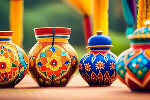 colorful vases with colorful designs on them. AI-Generated photo