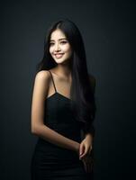 Smiling young woman of Asian descent dressed in elegant dress AI Generative photo