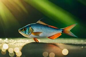 un pescado es en pie en el suelo con luz de sol brillante en él. generado por ai foto