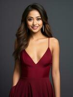 Smiling young woman of Asian descent dressed in elegant dress AI Generative photo