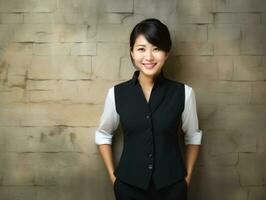 Smiling young woman of Asian descent dressed in elegant dress AI Generative photo