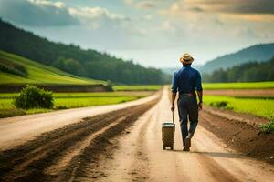 a man walking down a dirt road with a suitcase. AI-Generated photo