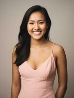 Smiling young woman of Asian descent dressed in elegant dress AI Generative photo