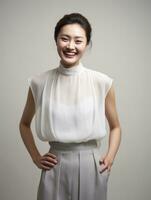 Smiling young woman of Asian descent dressed in elegant dress AI Generative photo