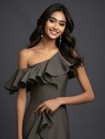 Smiling young woman of Asian descent dressed in elegant dress AI Generative photo