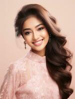 Smiling young woman of Asian descent dressed in elegant dress AI Generative photo