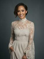 Smiling young woman of Asian descent dressed in elegant dress AI Generative photo