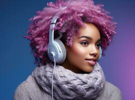 a young lady posing with headphones in blue background photo