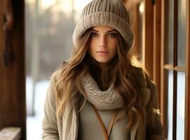 beautiful winter woman standing on a wooden porch photo