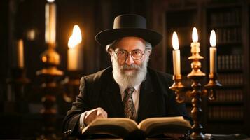 Rabbi reading Torah in synagogue on Hanukkah photo