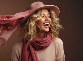 cute young woman wearing a scarf on a pink background photo