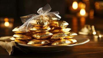 Hanukkah gelt in shiny gold foil wrappers photo