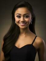 Smiling young woman of Asian descent dressed in elegant dress AI Generative photo