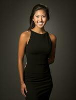 Smiling young woman of Asian descent dressed in elegant dress AI Generative photo