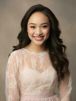 Smiling young woman of Asian descent dressed in elegant dress AI Generative photo