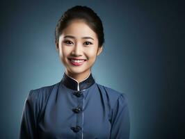 Smiling young woman of Asian descent dressed in elegant dress AI Generative photo