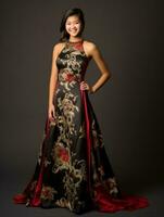 Smiling young woman of Asian descent dressed in elegant dress AI Generative photo