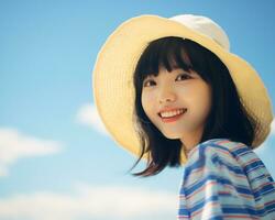 Cheerful asian girl enjoying summer AI Generative photo