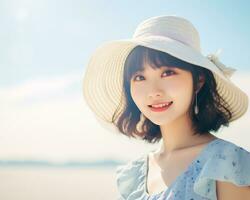 alegre asiático niña disfrutando verano ai generativo foto
