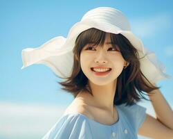 alegre asiático niña disfrutando verano ai generativo foto