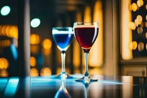 two glasses of wine on a table in a restaurant. AI-Generated photo