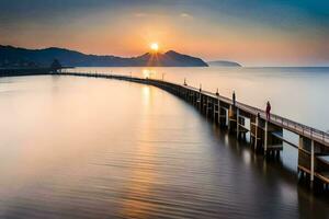 un largo muelle con el Dom ajuste terminado el agua. generado por ai foto